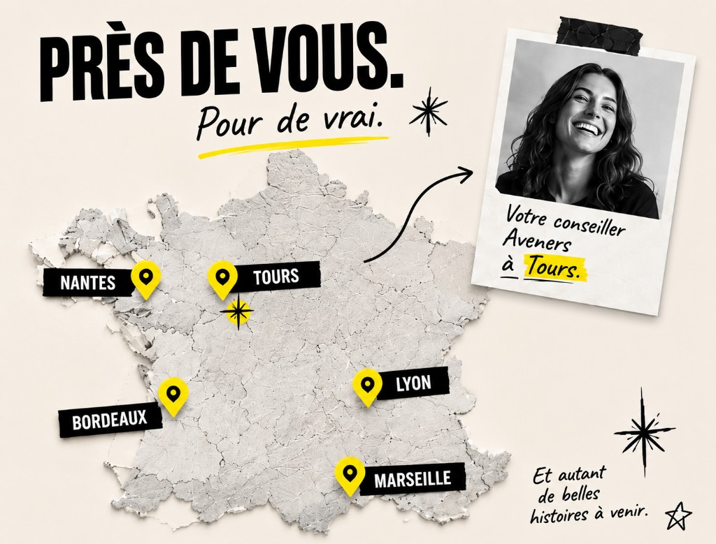 Carte de France avec les conseillers Aveners à Nantes, Bordeaux, Tours, Lyon et Marseille — votre conseiller près de chez vous